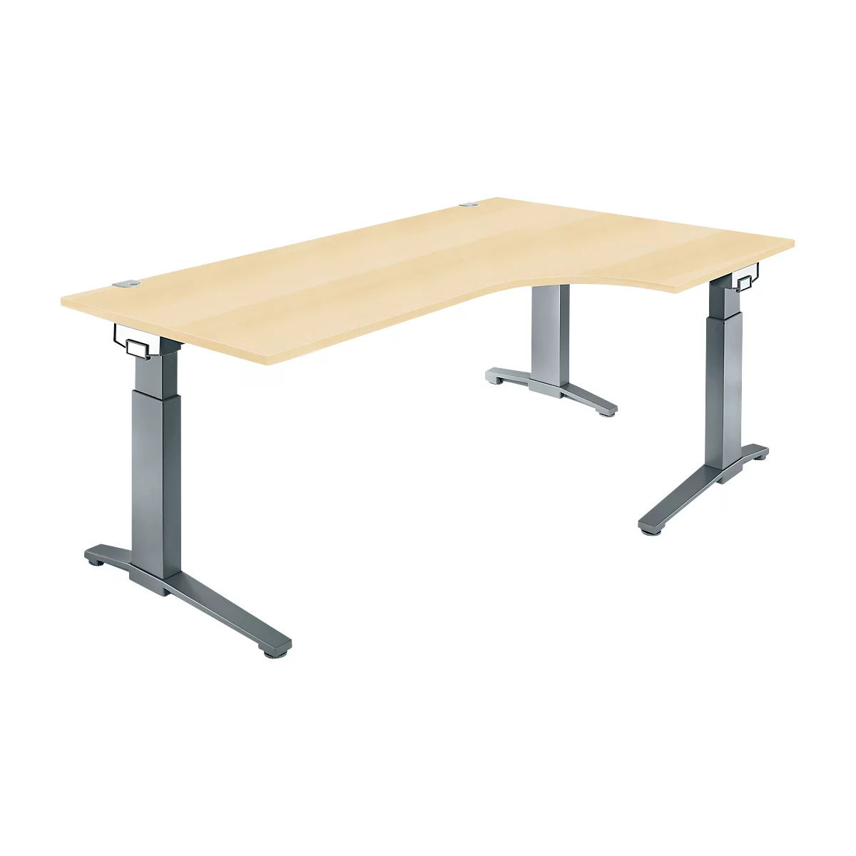 Corner desk made of wood with silver, height-adjustable legs. The table has a curved shape and is light brown.