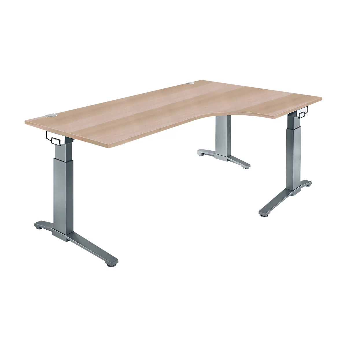 A light brown corner desk with silver, height-adjustable legs. The desk stands in front of a white background.