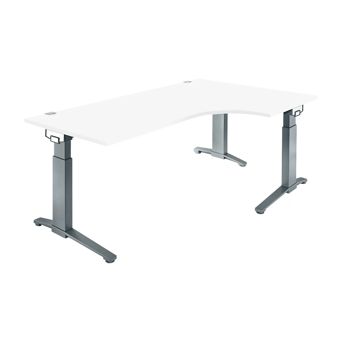 White L-shaped desk with height-adjustable gray legs. The tabletop is smooth without any visible elements.