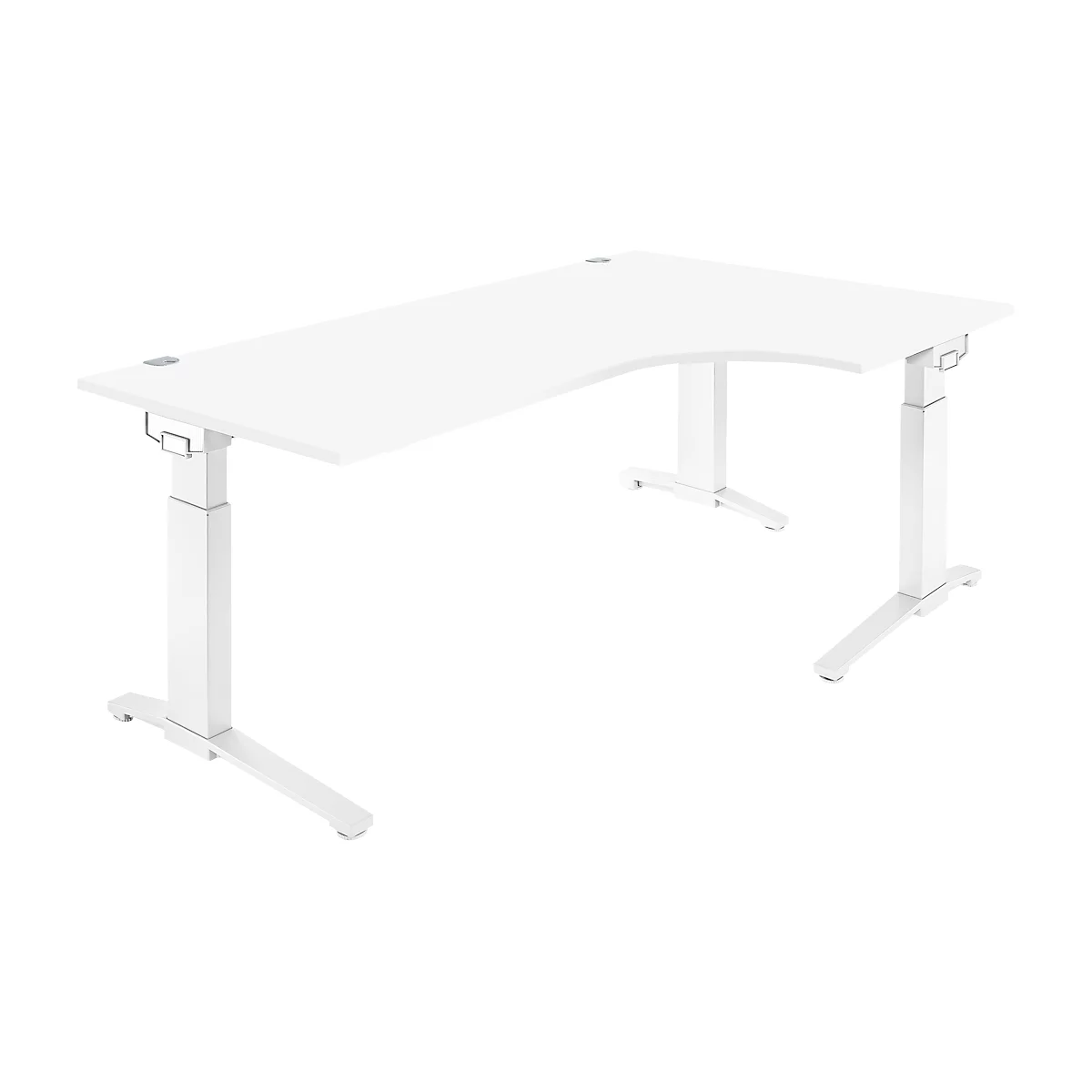 White, L-shaped desk with adjustable height legs. The tabletop has a rounded corner.