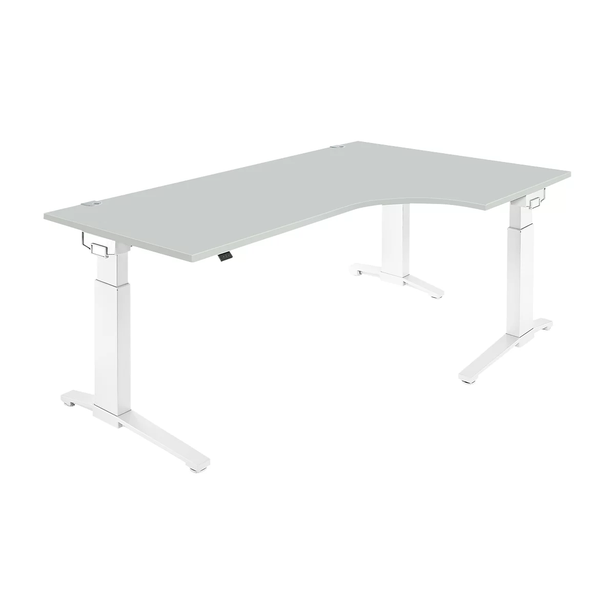 White, height-adjustable corner desk, light grey table top, detailed view.