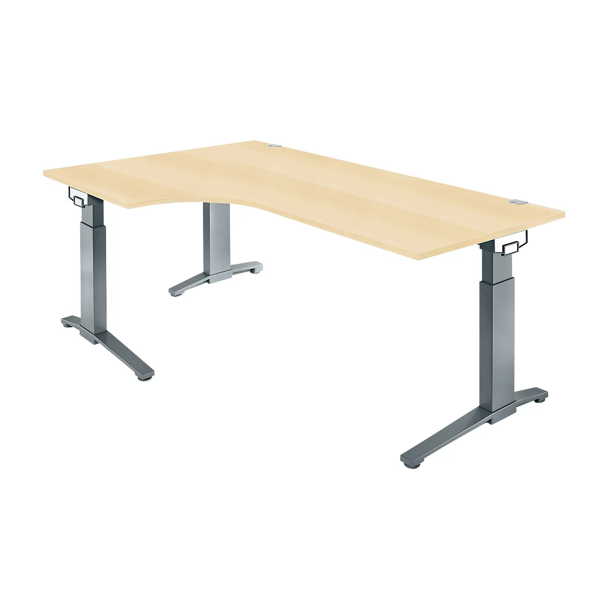 Light brown corner desk with silver legs, height adjustable.