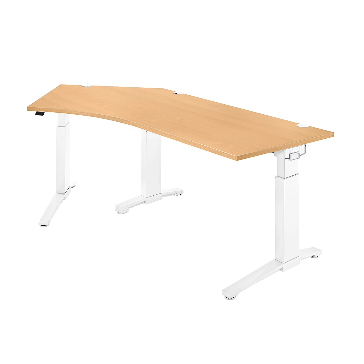 Schäfer Shop Genius Escritorio 135° Planova Ergostyle, extensión izquierda, ajustable en altura man., An 2165 x P 800 mm, acabado en haya/blanco 