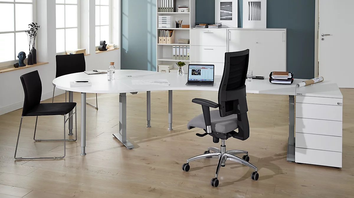 Schäfer Shop Genius escritorio angular MODENA FLEX 135°, fijación a la izquierda, tubo rectangular con pie en C, An 2165 mm, blanco/blanco