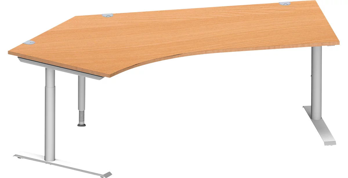 Schäfer Shop Genius escritorio angular MODENA FLEX 135°, fijación a la izquierda, tubo redondo con pata en C, A 2165 mm, haya