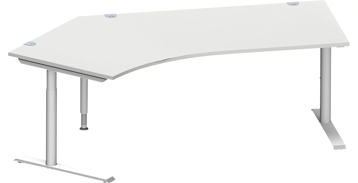 Schäfer Shop Genius escritorio angular MODENA FLEX 135°, fijación a la izquierda, tubo redondo con pata en C, ancho 2165 mm, gris claro