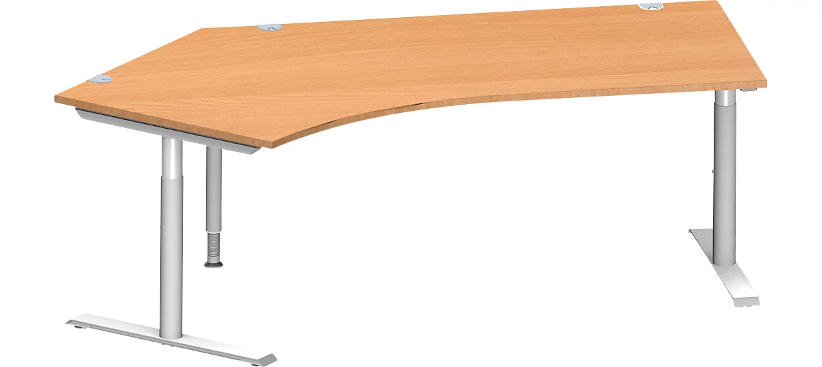 Schäfer Shop Genius escritorio angular MODENA FLEX 135°, pie en T tubo redondo, ancho 2165 mm, fijación a la izquierda, haya/aluminio blanco