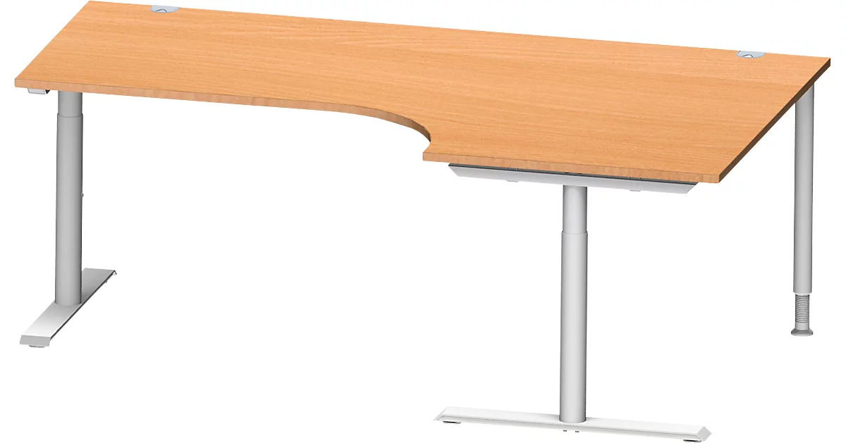 Schäfer Shop Genius escritorio angular MODENA FLEX 90°, fijación a la derecha, pata en T tubo redondo, A 2000 mm, haya/blanco