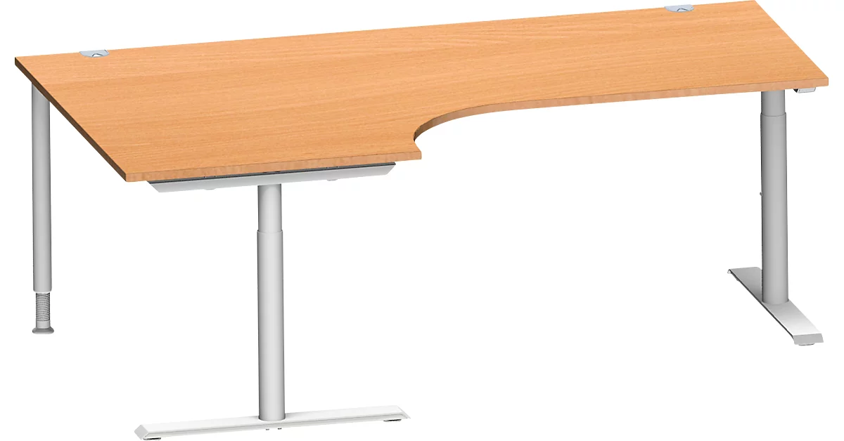 Schäfer Shop Genius escritorio angular MODENA FLEX 90°, fijación a la izquierda, pata en T tubo redondo, A 2000 mm, haya/blanco