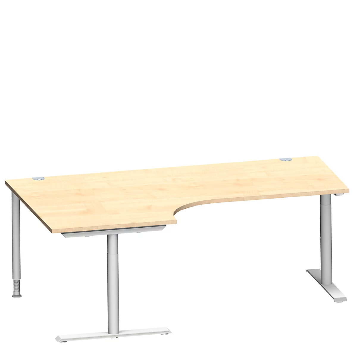 Schäfer Shop Genius escritorio angular MODENA FLEX 90°, fijación a la izquierda, pata en T tubo redondo, An 2000 mm, arce/blanco