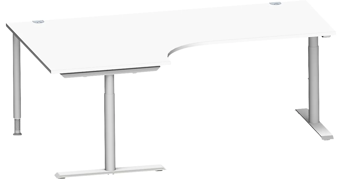 Schäfer Shop Genius escritorio angular MODENA FLEX 90°, fijación a la izquierda, pata en T tubo redondo, An 2000 mm, blanco/blanco