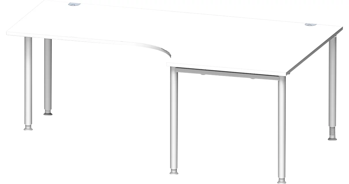 Schäfer Shop Genius escritorio angular MODENA FLEX 90°, fijación derecha, unilateral, paneles laterales acortados, tubo redondo de 4 patas, aluminio blanco/blanco