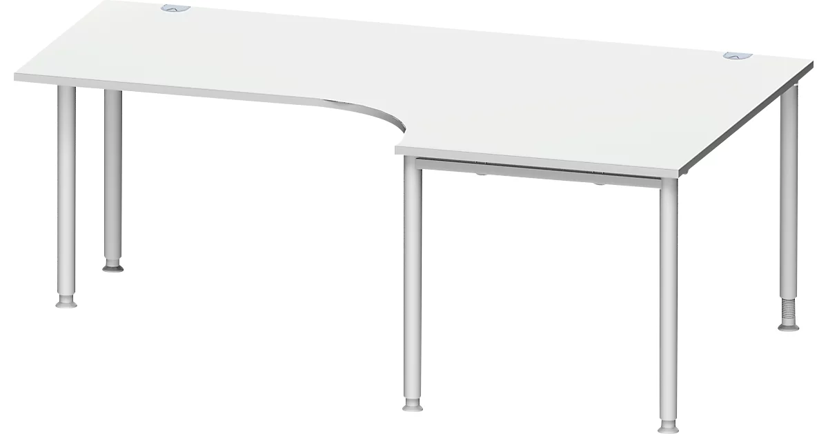 Schäfer Shop Genius escritorio angular MODENA FLEX 90°, fijación derecha, unilateral, paneles laterales acortados, tubo redondo de 4 patas, aluminio gris claro/blanco