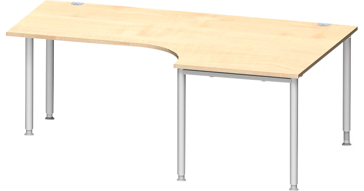 Schäfer Shop Genius escritorio angular MODENA FLEX 90°, fijación derecha, unilateral, paneles laterales acortados, tubo redondo de 4 patas, decoración arce/aluminio blanco