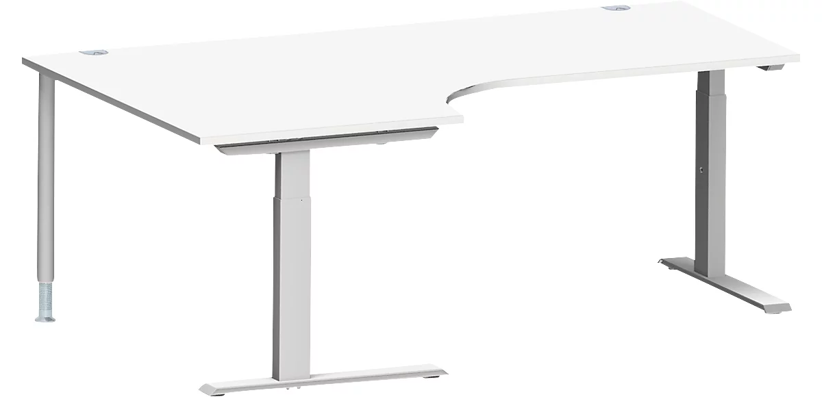 Schäfer Shop Genius escritorio angular MODENA FLEX 90°, tubo rectangular con pie en C, ancho 2000 mm, fijación a la izquierda, aluminio blanco/blanco