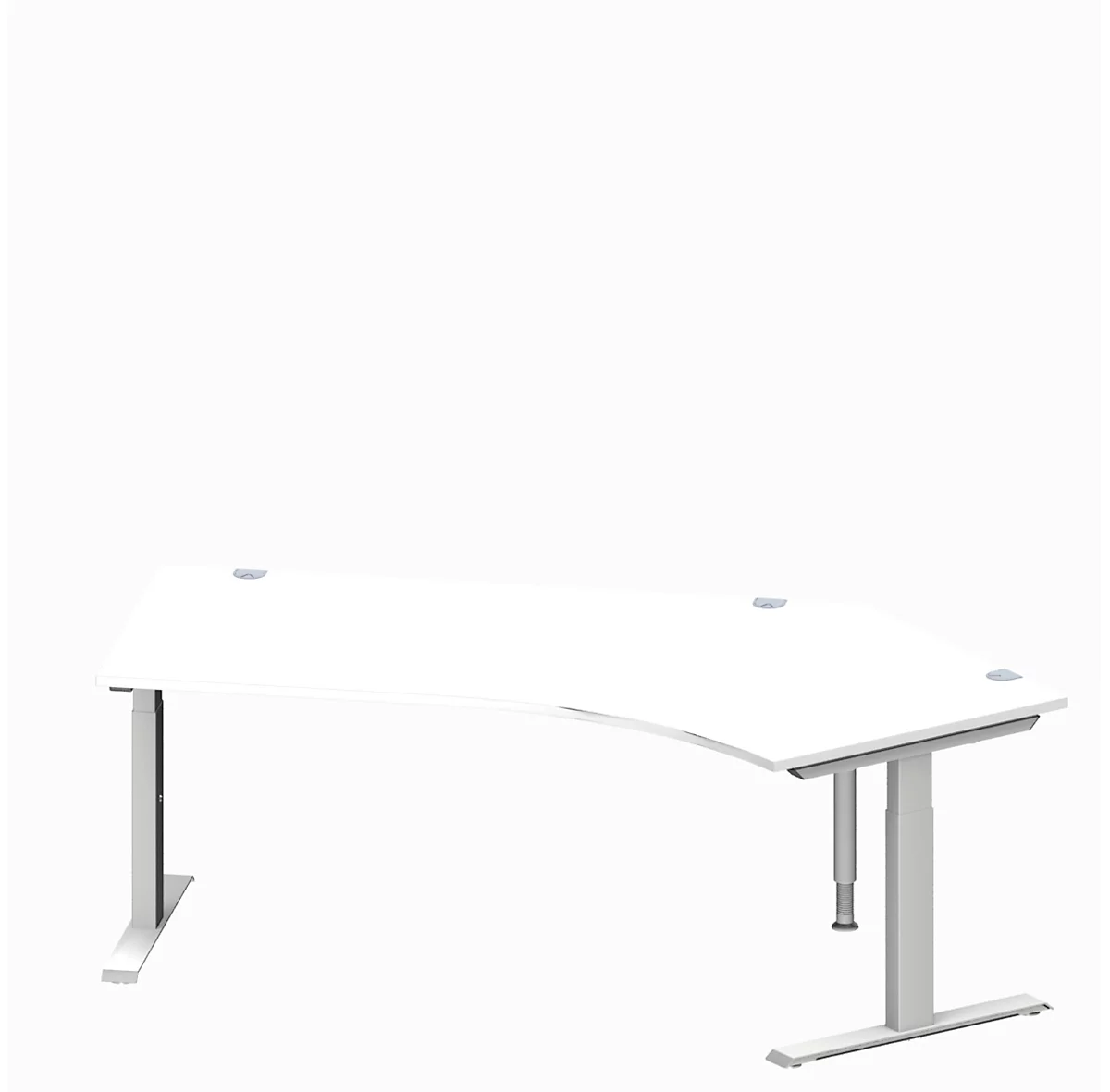 Schäfer Shop Genius escritorio angular MODENA FLEX, ángulo de 135° a la derecha, tubo rectangular con pie en T, An 2165 x Pr 800/800 x Al 650-850 mm, alu blanco/blanco