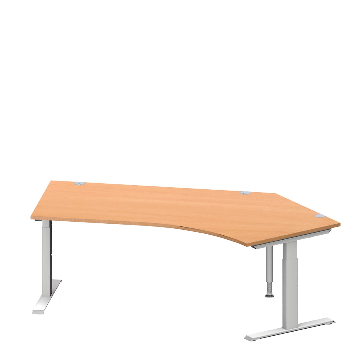 Schäfer Shop Genius escritorio angular MODENA FLEX, ángulo de 135° a la derecha, tubo rectangular con pie en T, An 2165 x Pr 800/800 x Al 650-850 mm, haya/alu blanco