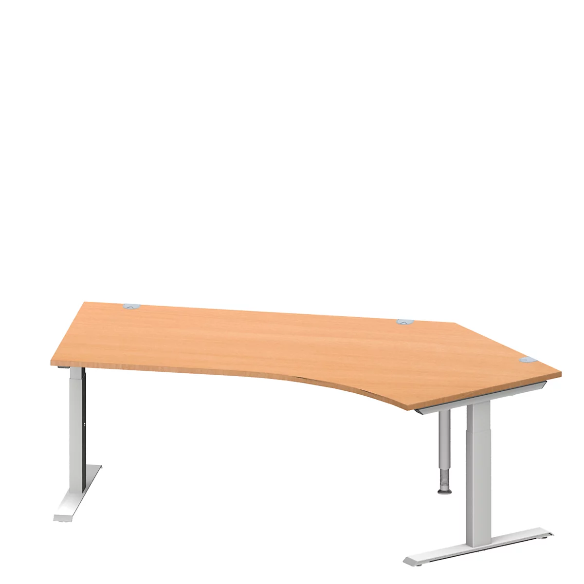 Schäfer Shop Genius escritorio angular MODENA FLEX, ángulo de 135° a la derecha, tubo rectangular con pie en T, An 2165 x Pr 800/800 x Al 650-850 mm, haya/alu blanco