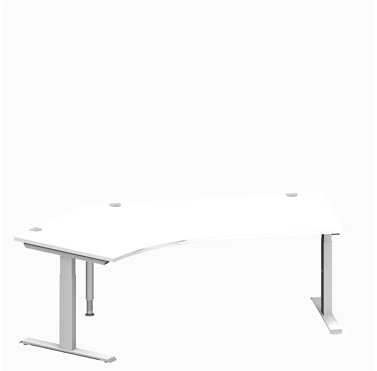 Schäfer Shop Genius escritorio angular MODENA FLEX, ángulo de 135° a la izquierda, tubo rectangular con pie en T, An 2165 x Pr 800/800 x Al 650-850 mm, alu blanco/blanco