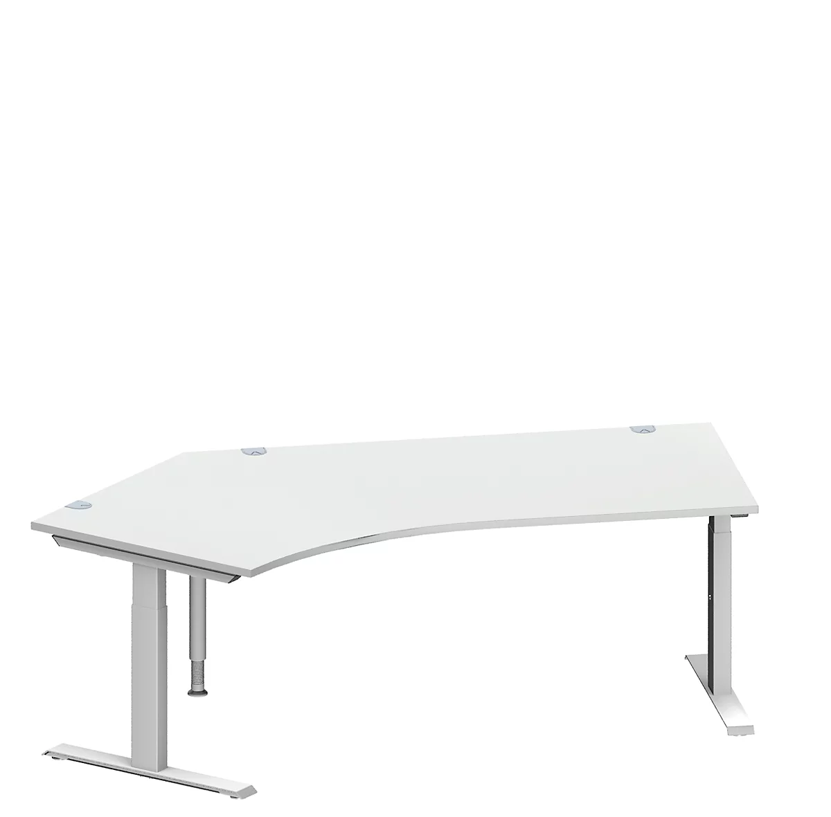 Schäfer Shop Genius escritorio angular MODENA FLEX, ángulo de 135° a la izquierda, tubo rectangular con pie en T, An 2165 x Pr 800/800 x Al 650-850 mm, aluminio gris claro/blanco