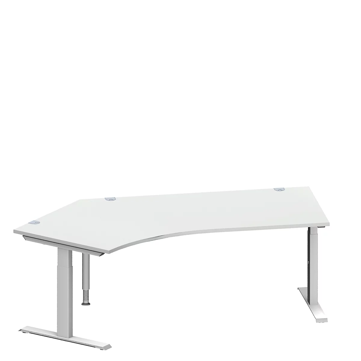 Schäfer Shop Genius escritorio angular MODENA FLEX, ángulo de 135° a la izquierda, tubo rectangular con pie en T, An 2165 x Pr 800/800 x Al 650-850 mm, aluminio gris claro/blanco