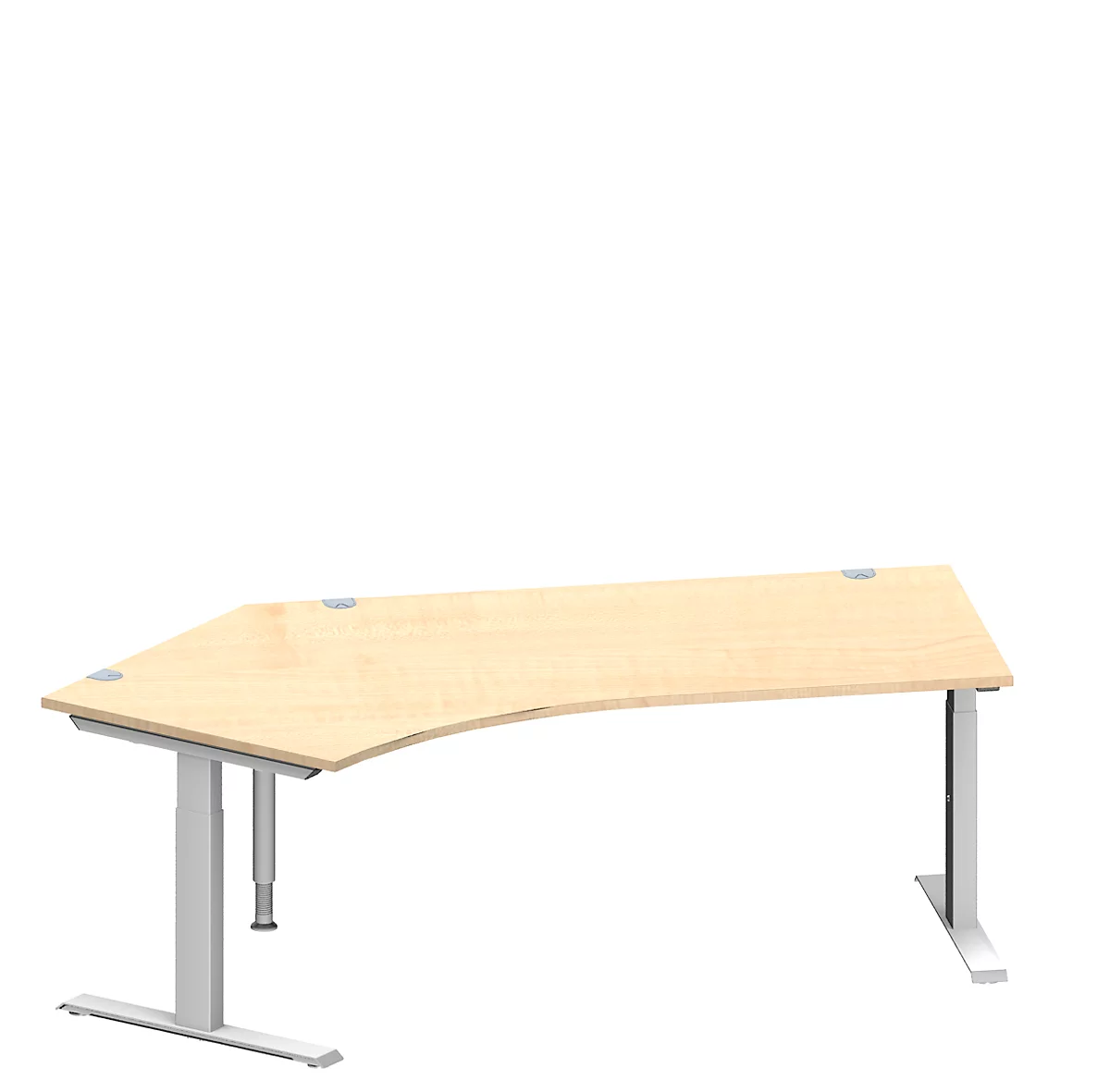 Schäfer Shop Genius escritorio angular MODENA FLEX, ángulo de 135° a la izquierda, tubo rectangular con pie en T, An 2165 x Pr 800/800 x Al 650-850 mm, arce/alu blanco
