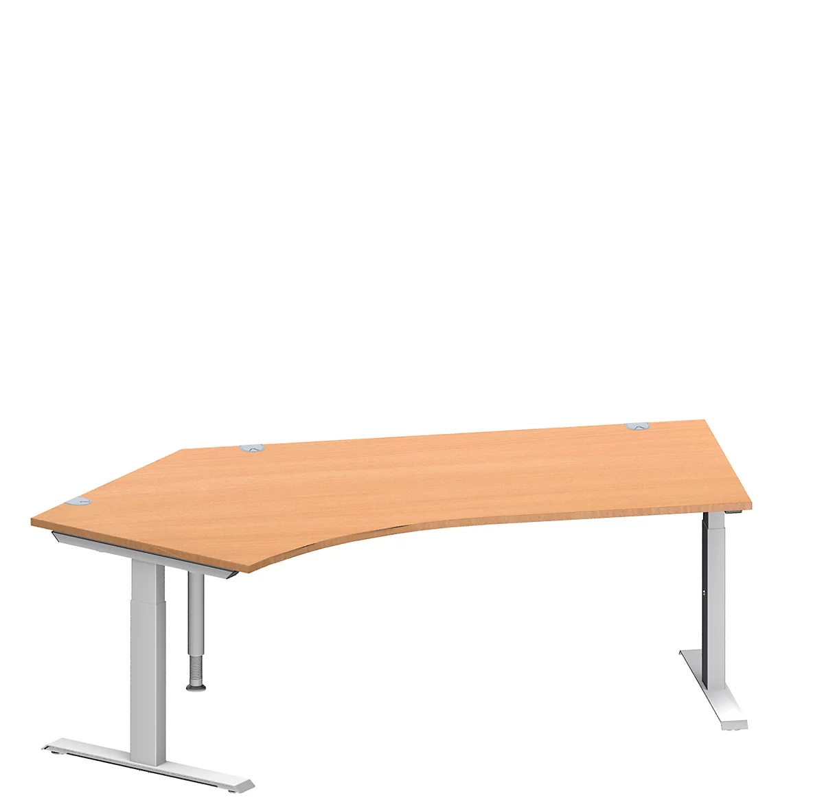 Schäfer Shop Genius escritorio angular MODENA FLEX, ángulo de 135° a la izquierda, tubo rectangular con pie en T, An 2165 x Pr 800/800 x Al 650-850 mm, haya/alu blanco