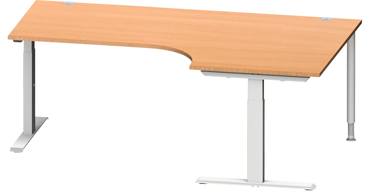 Schäfer Shop Genius escritorio angular MODENA FLEX, ángulo de 90° a la derecha, tubo rectangular con pie en T, An 2000 x Pr 1200/800 x Al 650-850 mm, haya/alu blanco