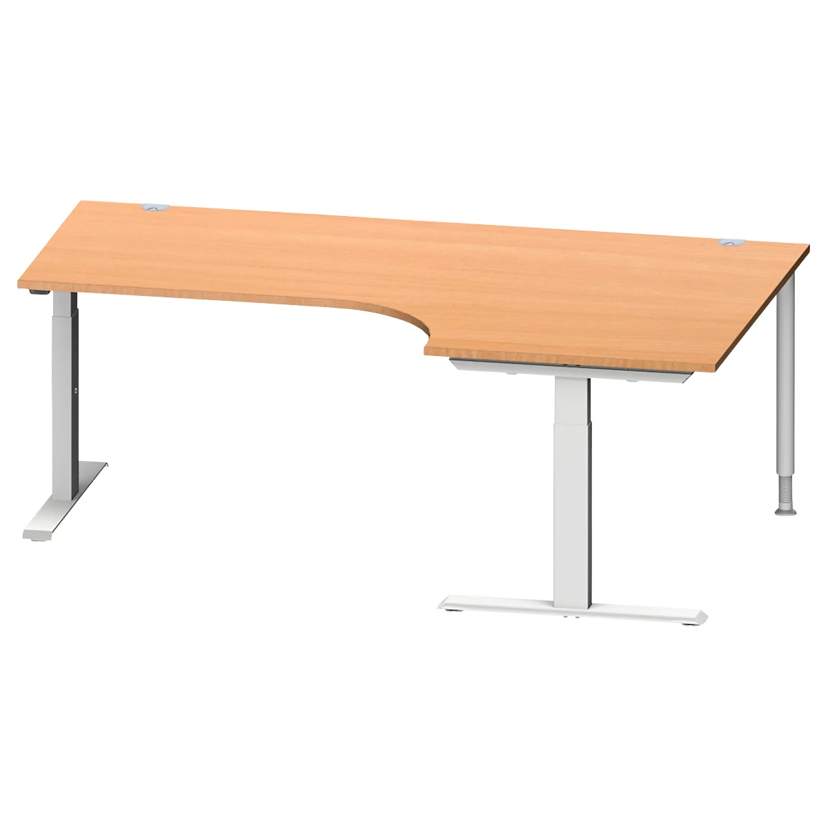 Schäfer Shop Genius escritorio angular MODENA FLEX, ángulo de 90° a la derecha, tubo rectangular con pie en T, An 2000 x Pr 1200/800 x Al 650-850 mm, haya/alu blanco