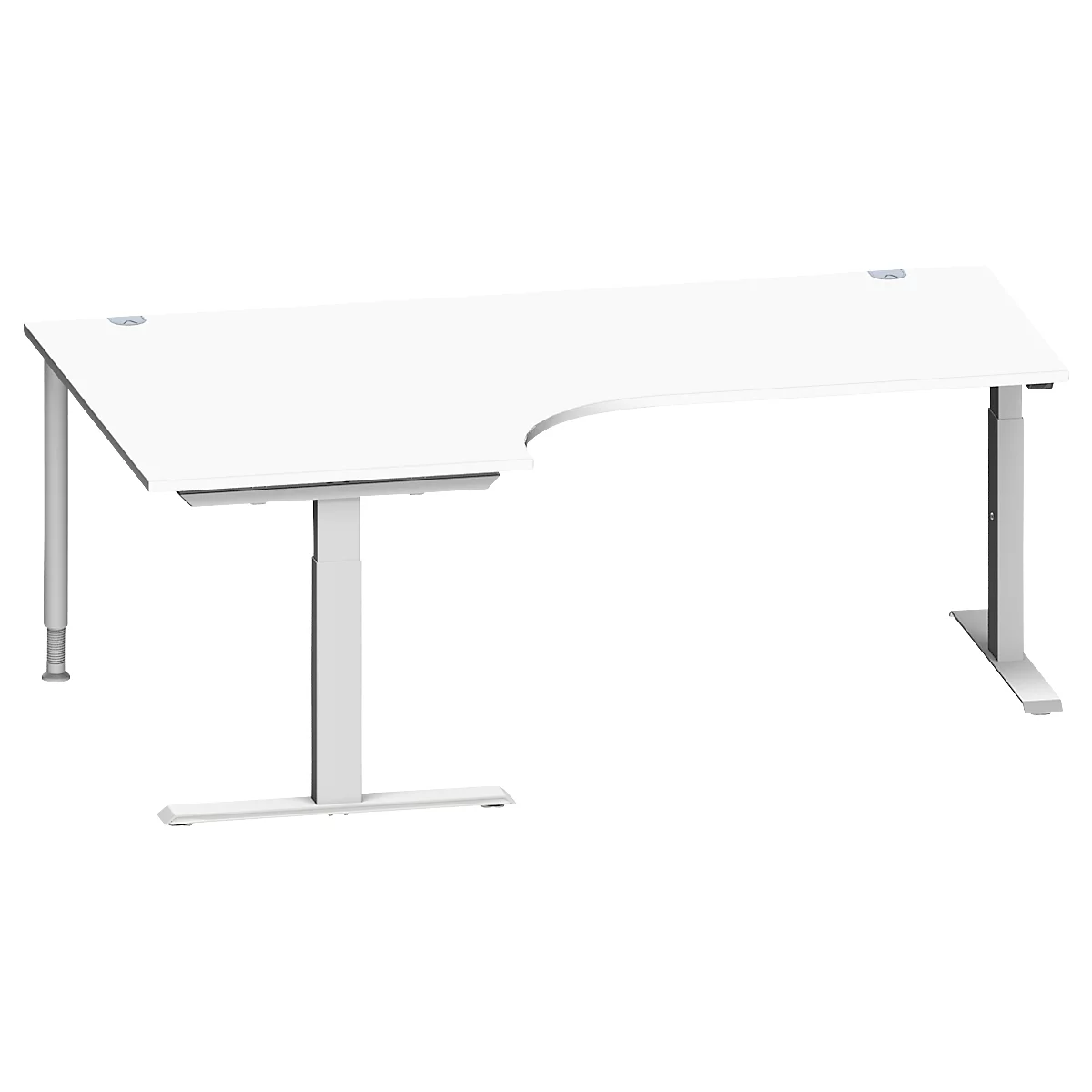 Schäfer Shop Genius escritorio angular MODENA FLEX, ángulo de 90° a la izquierda, tubo rectangular con pie en T, An 2000 x Pr 1200/800 x Al 650-850 mm, aluminio blanco/blanco