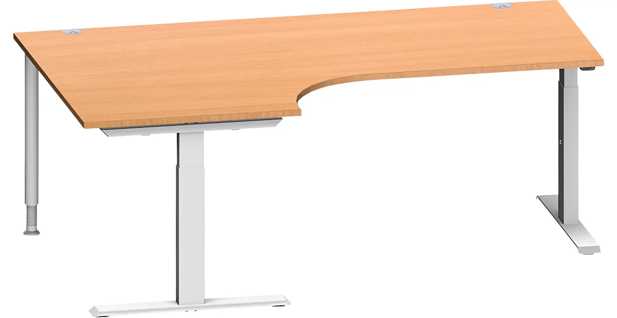 Schäfer Shop Genius escritorio angular MODENA FLEX, ángulo de 90° a la izquierda, tubo rectangular con pie en T, An 2000 x Pr 1200/800 x Al 650-850 mm, haya/alu blanco
