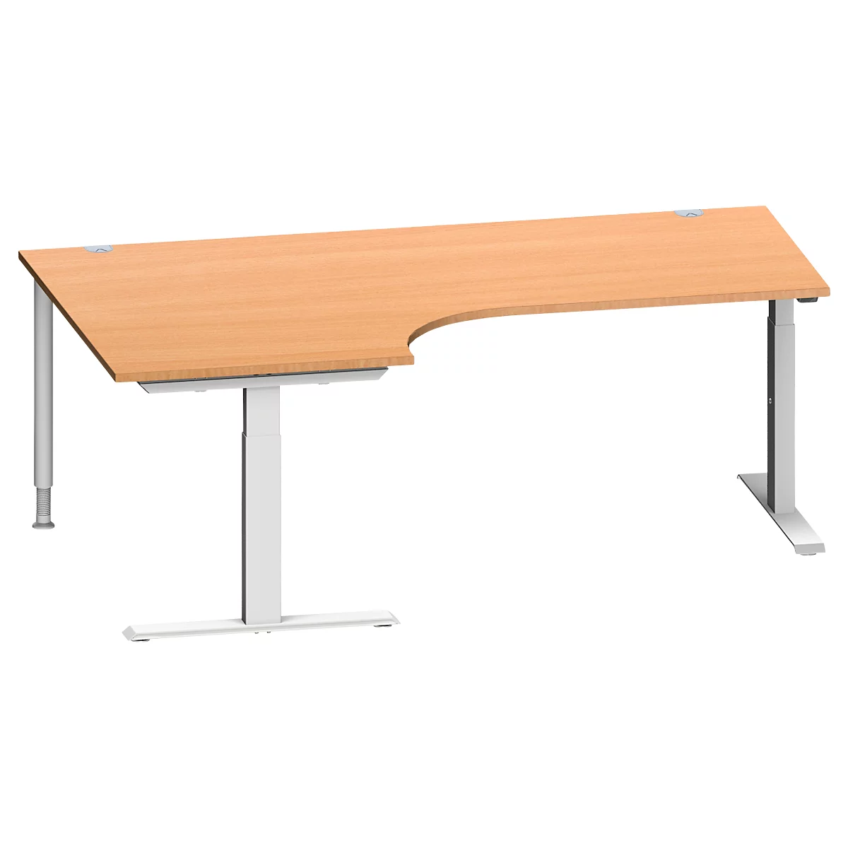 Schäfer Shop Genius escritorio angular MODENA FLEX, ángulo de 90° a la izquierda, tubo rectangular con pie en T, An 2000 x Pr 1200/800 x Al 650-850 mm, haya/alu blanco