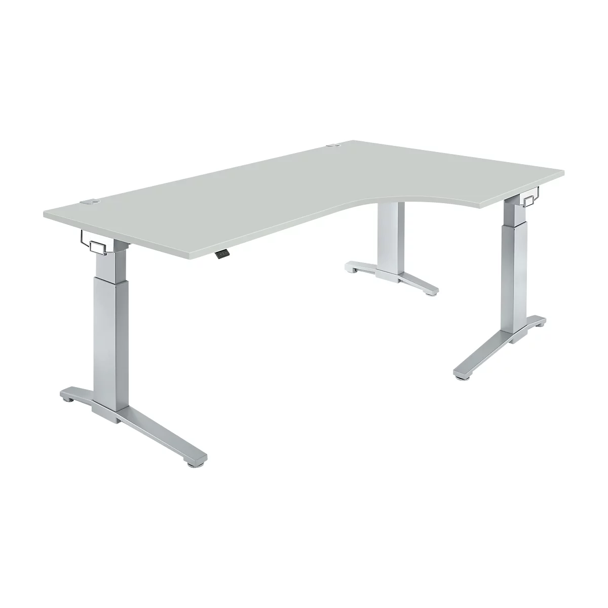 Schäfer Shop Genius Escritorio angular PLANOVA ERGOSTYLE, regulable en altura eléctricamente, ángulo de 90° a la derecha, pie C, ancho 2000 x fondo 1200 x alto 715-1182 mm, aluminio gris claro/blanco 