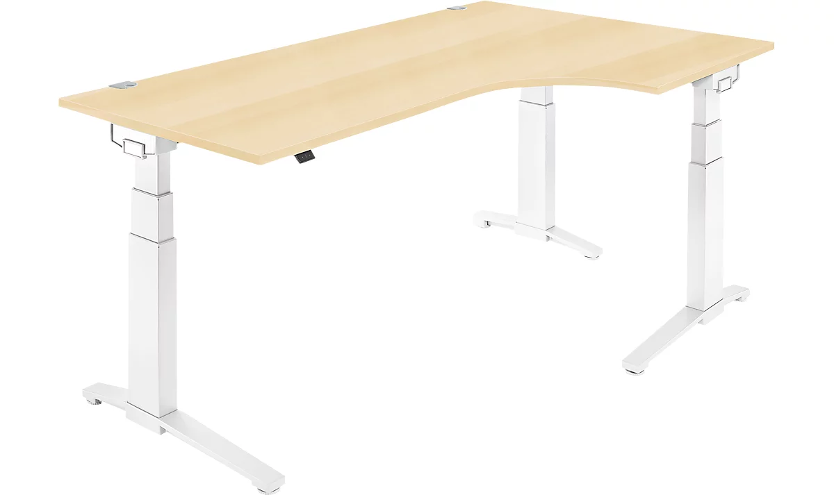 Schäfer Shop Genius escritorio angular PLANOVA ERGOSTYLE, regulable en altura eléctricamente, ángulo de 90° a la derecha, pie C, W 2000 mm, arce/blanco