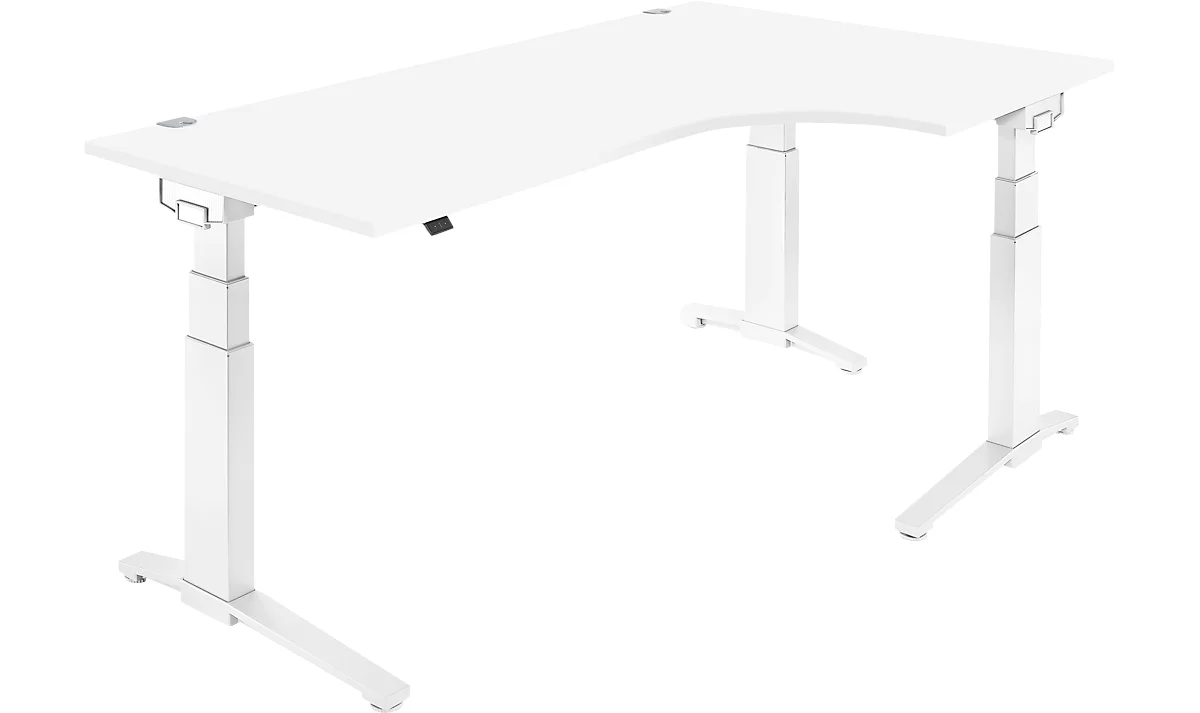 Schäfer Shop Genius escritorio angular PLANOVA ERGOSTYLE, regulable en altura eléctricamente, ángulo de 90° a la derecha, pie C, W 2000 mm, blanco/blanco