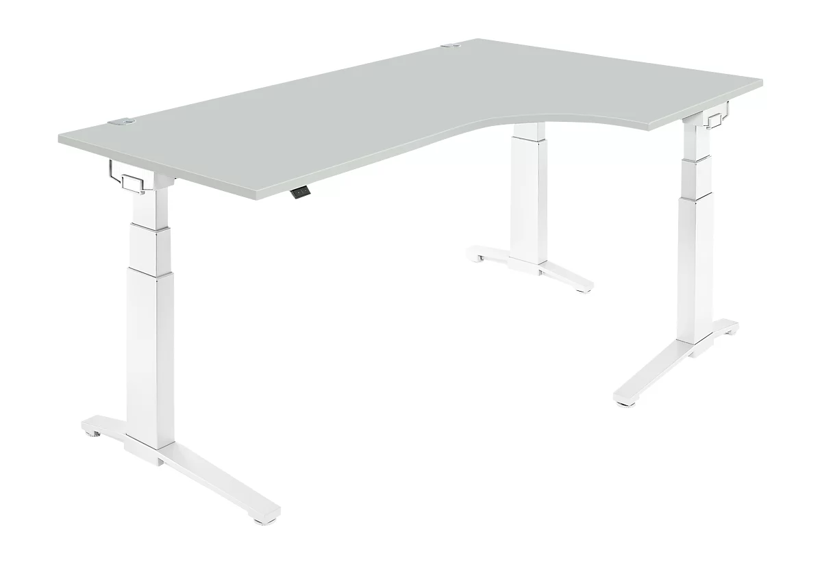 Schäfer Shop Genius escritorio angular PLANOVA ERGOSTYLE, regulable en altura eléctricamente, ángulo de 90° a la derecha, pie C, W 2000 mm, gris claro/blanco