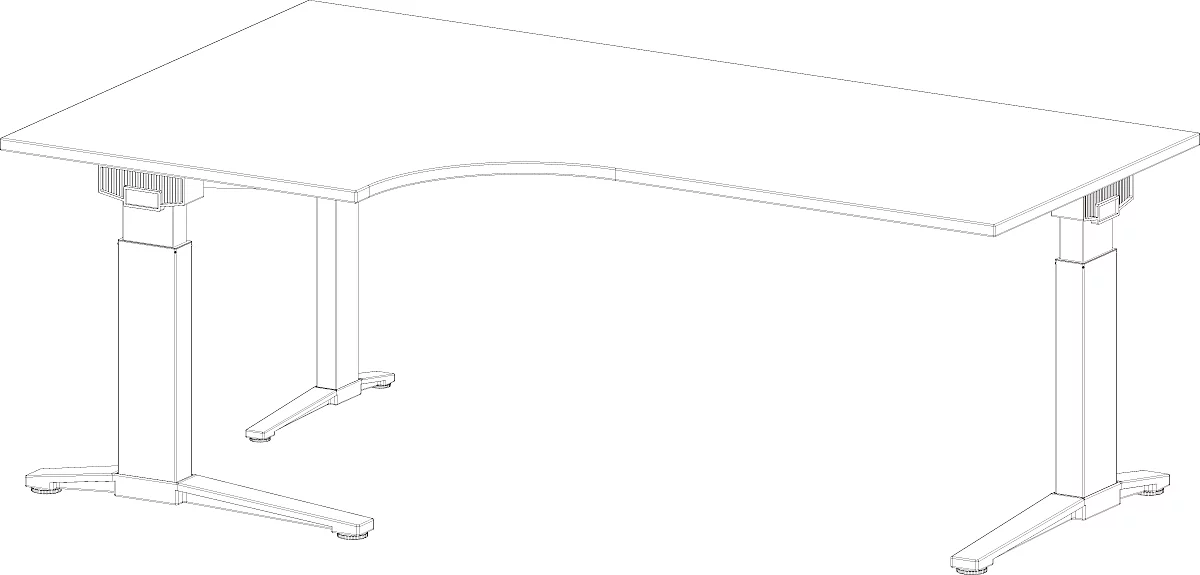 Schäfer Shop Genius Escritorio angular PLANOVA ERGOSTYLE, regulable en altura eléctricamente, ángulo de 90° a la izquierda, pie C, ancho 2000 x fondo 1200 x alto 645-1305 mm, aluminio gris claro/blanco 
