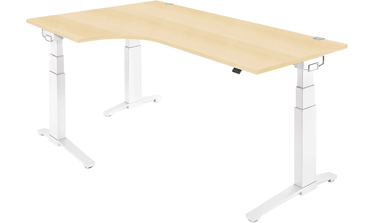 Schäfer Shop Genius escritorio angular PLANOVA ERGOSTYLE, regulable en altura eléctricamente, ángulo de 90° a la izquierda, pie C, W 2000 mm, arce/blanco