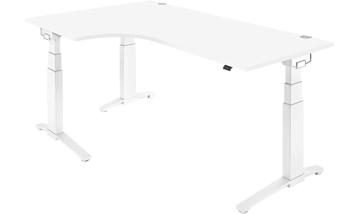Schäfer Shop Genius escritorio angular PLANOVA ERGOSTYLE, regulable en altura eléctricamente, ángulo de 90° a la izquierda, pie C, W 2000 mm, blanco/blanco