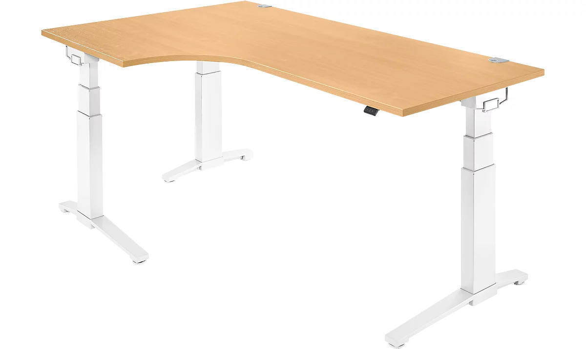 Schäfer Shop Genius escritorio angular PLANOVA ERGOSTYLE, regulable en altura eléctricamente, ángulo de 90° a la izquierda, pie C, W 2000 mm, haya/blanco