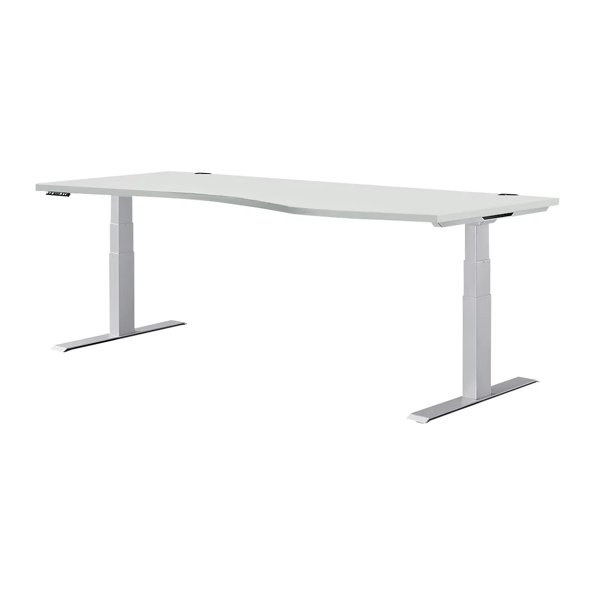 Un escritorio blanco regulable en altura con una encimera curva y patas plateadas.