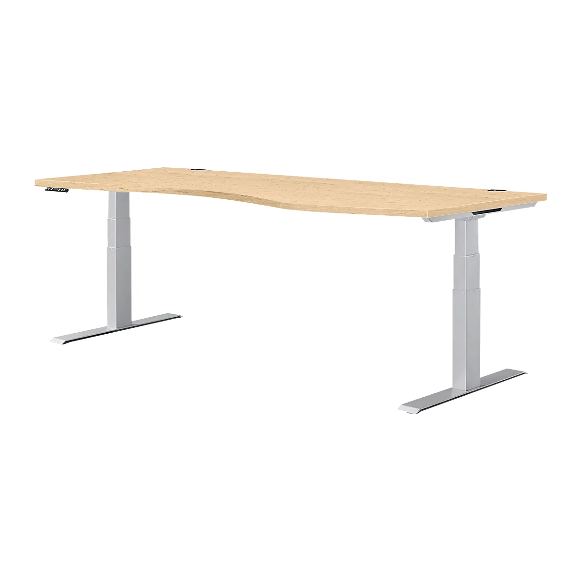 Escritorio ergonómico marrón claro con patas plateadas.