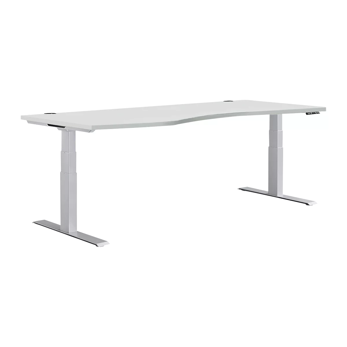 Schäfer Shop Genius Escritorio MODENA FLEX, regulable en altura eléctricamente, forma libre, fijación a la izquierda, pie en T, ancho 1800 x alto 645-1290 mm, aluminio gris claro/blanco + panel de memoria