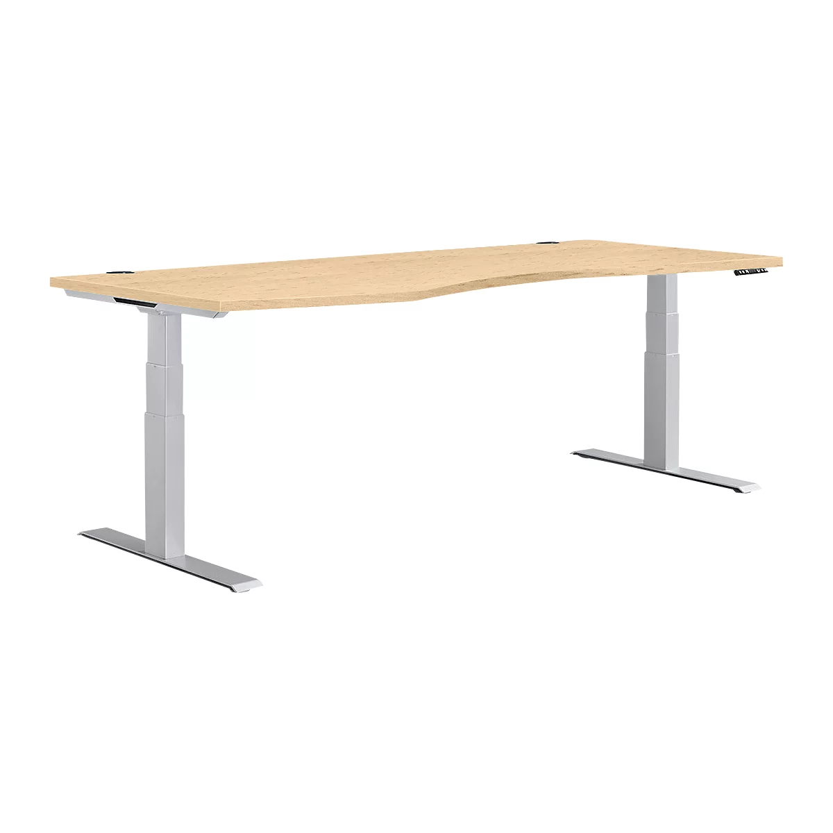 Escritorio ergonómico marrón claro con patas plateadas regulables en altura.