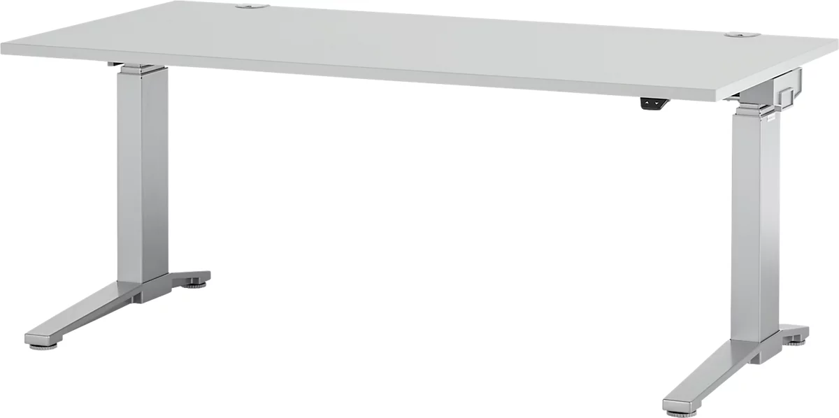 Schäfer Shop Genius Escritorio PLANOVA ergoSTYLE, pata en C, rectangular, ajustable en altura eléctr. 2 niveles, An 1600 mm, gris luminoso/aluminio blanco 