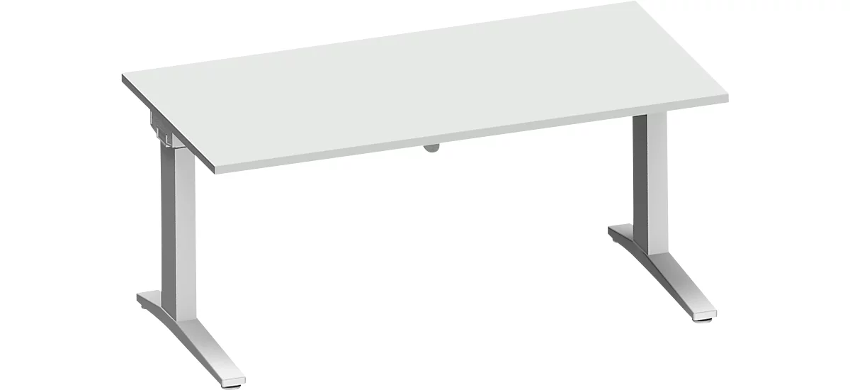 Schäfer Shop Genius Escritorio PLANOVA ergoSTYLE, pata en C, rectangular, ajustable en altura eléctr. en 1 nivel, An 1600 mm, gris luminoso/aluminio blanco 