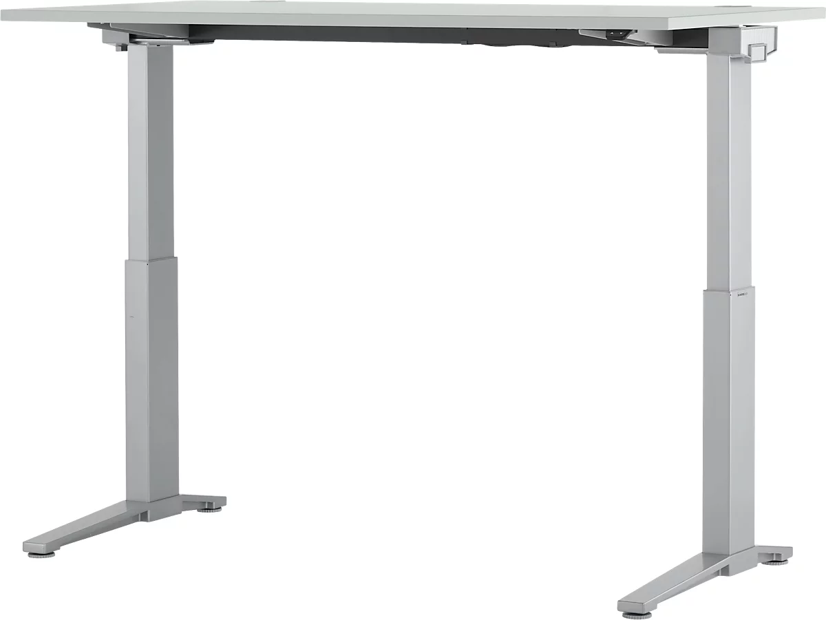 Schäfer Shop Genius Escritorio PLANOVA ergoSTYLE, pata en C, rectangular, ajustable en altura eléctr. en 1 nivel, An 1600 mm, gris luminoso/aluminio blanco 