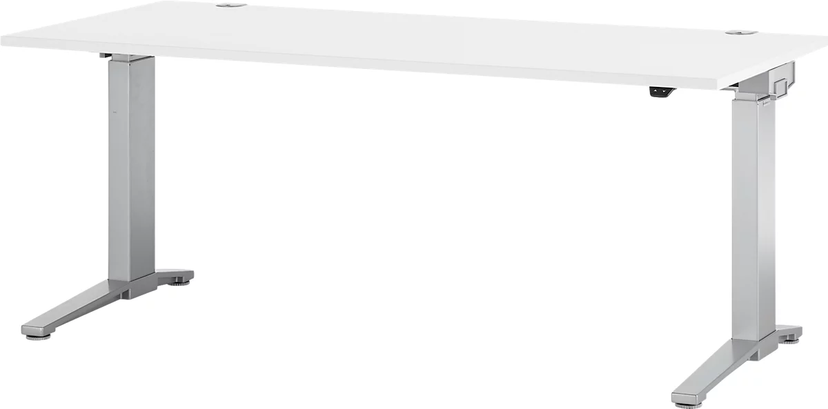 Schäfer Shop Genius Escritorio PLANOVA ergoSTYLE, pata en C, rectangular, ajustable en altura eléctr. en 1 nivel, An 1800 mm, blanco/aluminio blanco 