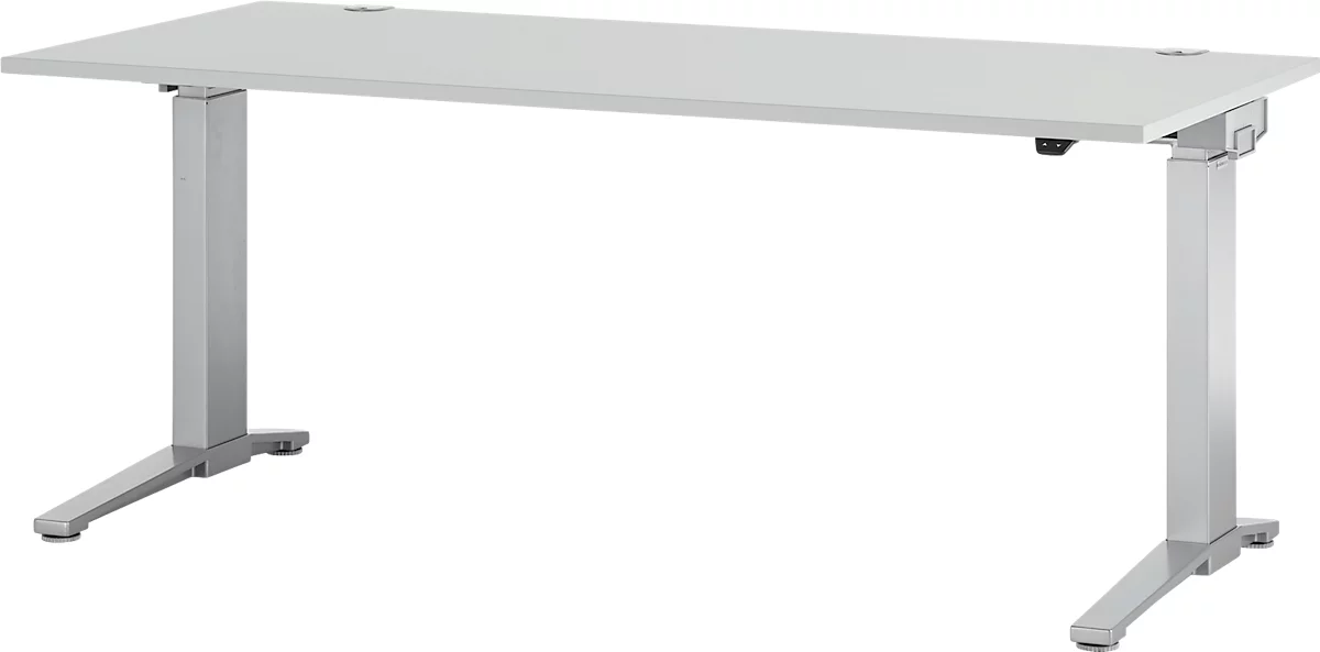 Schäfer Shop Genius Escritorio PLANOVA ergoSTYLE, pata en C, rectangular, ajustable en altura eléctr. en 1 nivel, An 1800 mm, gris luminoso/aluminio blanco 