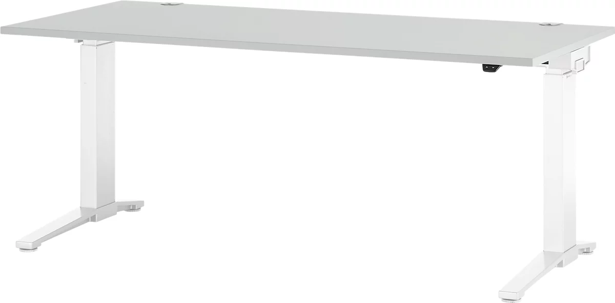 Schäfer Shop Genius Escritorio PLANOVA ergoSTYLE, pata en C, rectangular, ajustable en altura eléctr. en 1 nivel, An 1800 mm, gris luminoso/blanco 